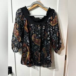 Tribal Jeans Black & Orange Paisley Blouse ruffle neck sheer lined Velvet